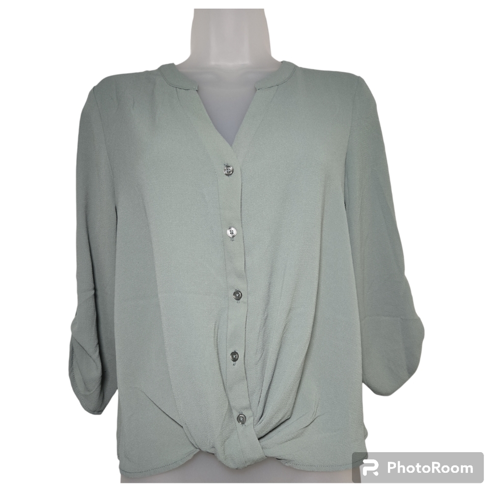 Pink Rose Sm Women Blouse Sage Green Flowy Spring Easter EUC Roll Tab 3/4 Sleeve